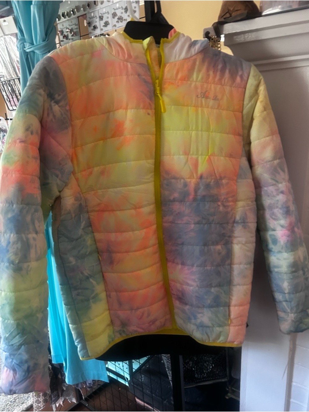 Womens Multicolor Tie-Dye Ski Puffer Jacket - Neon Trim with hood, M